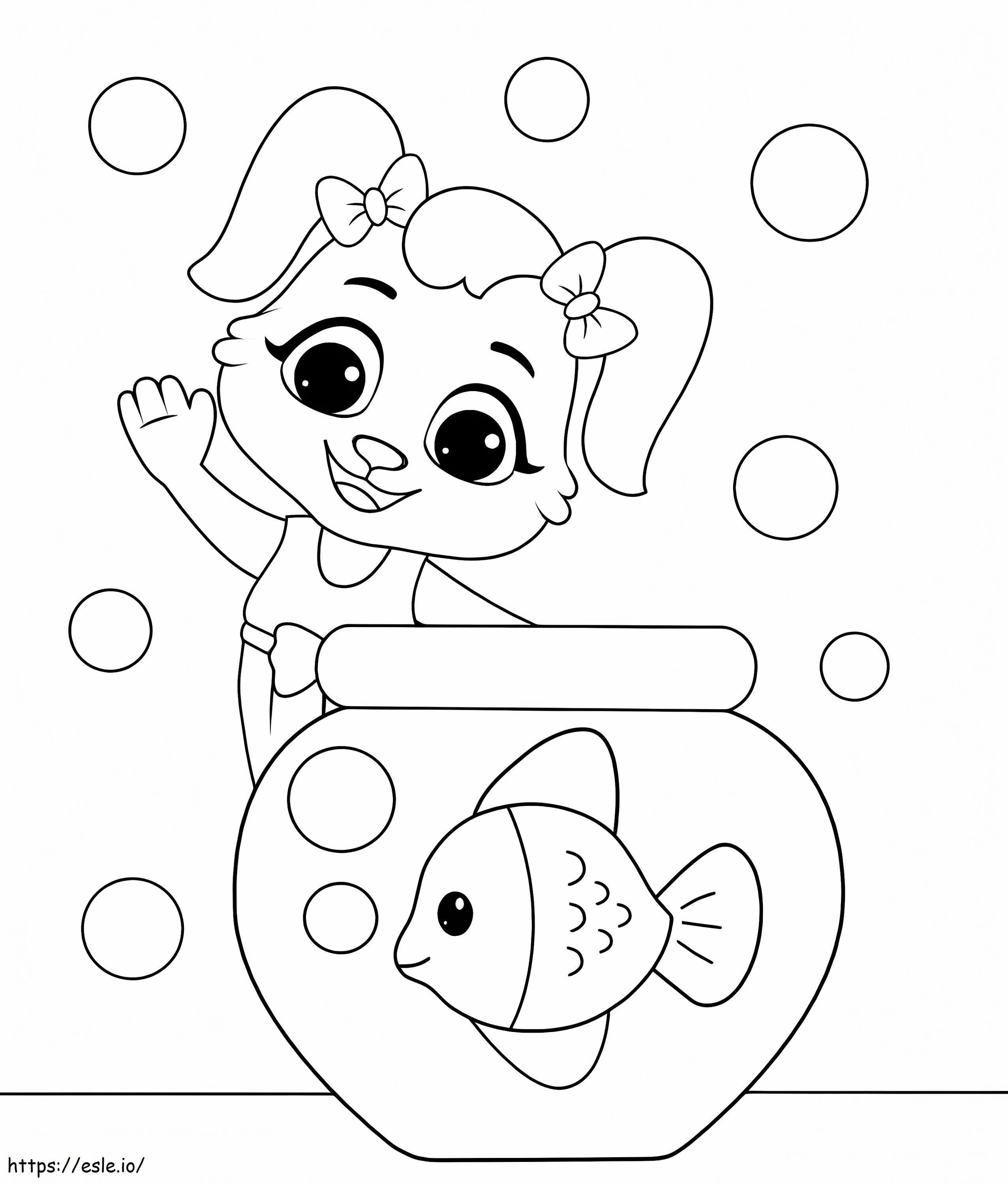 Personagem de desenho animado mantendo peixes no tanque para colorir