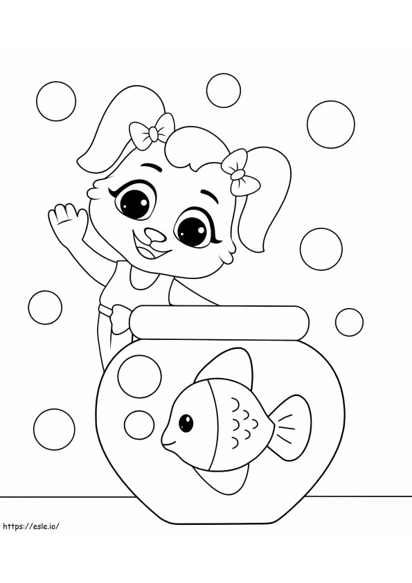 Personaje de dibujos animados manteniendo peces en el tanque para colorear