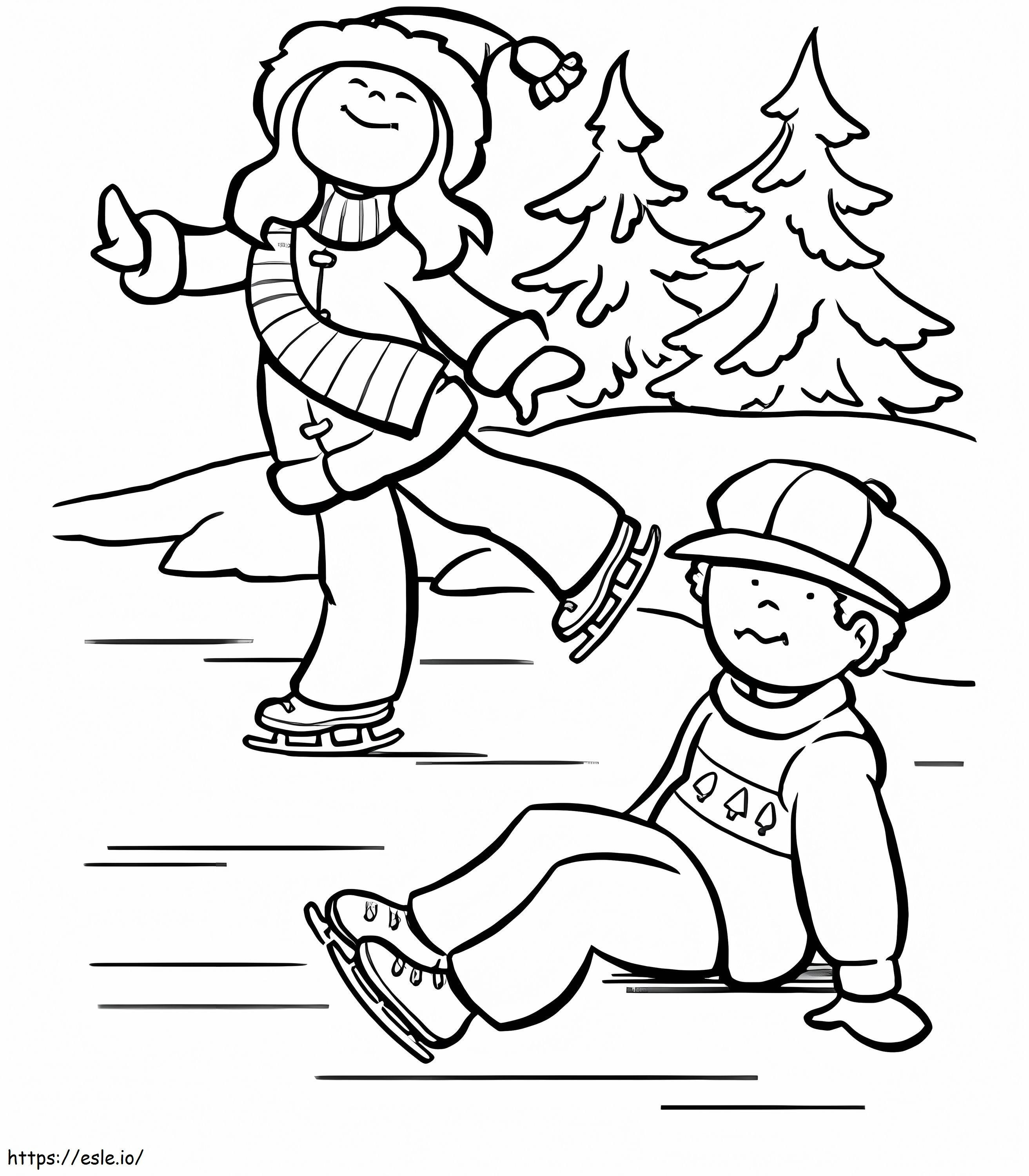 Two Children Playing Ice Skating coloring page