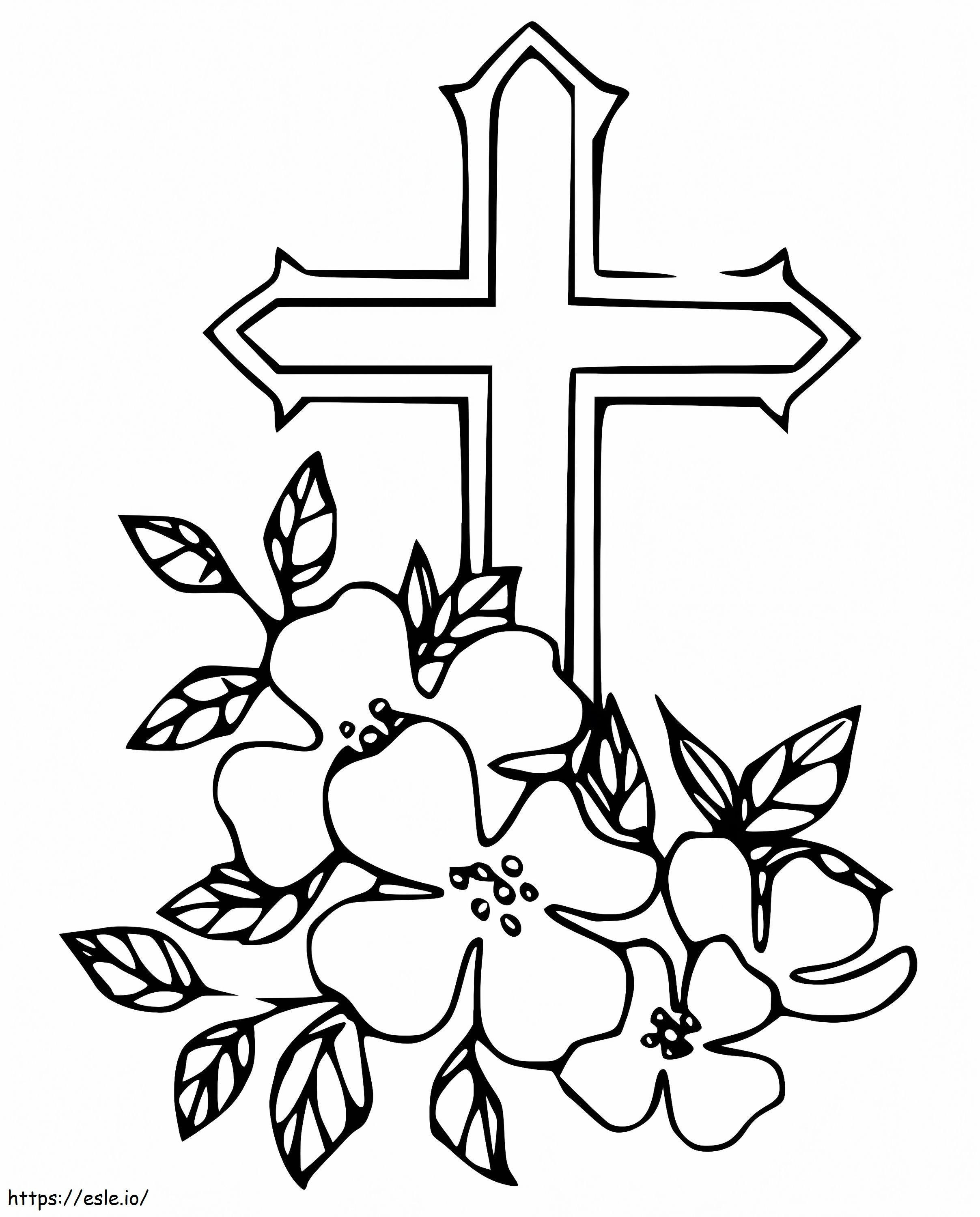 Coloriage Fleurs avec croix de Pâques à imprimer dessin