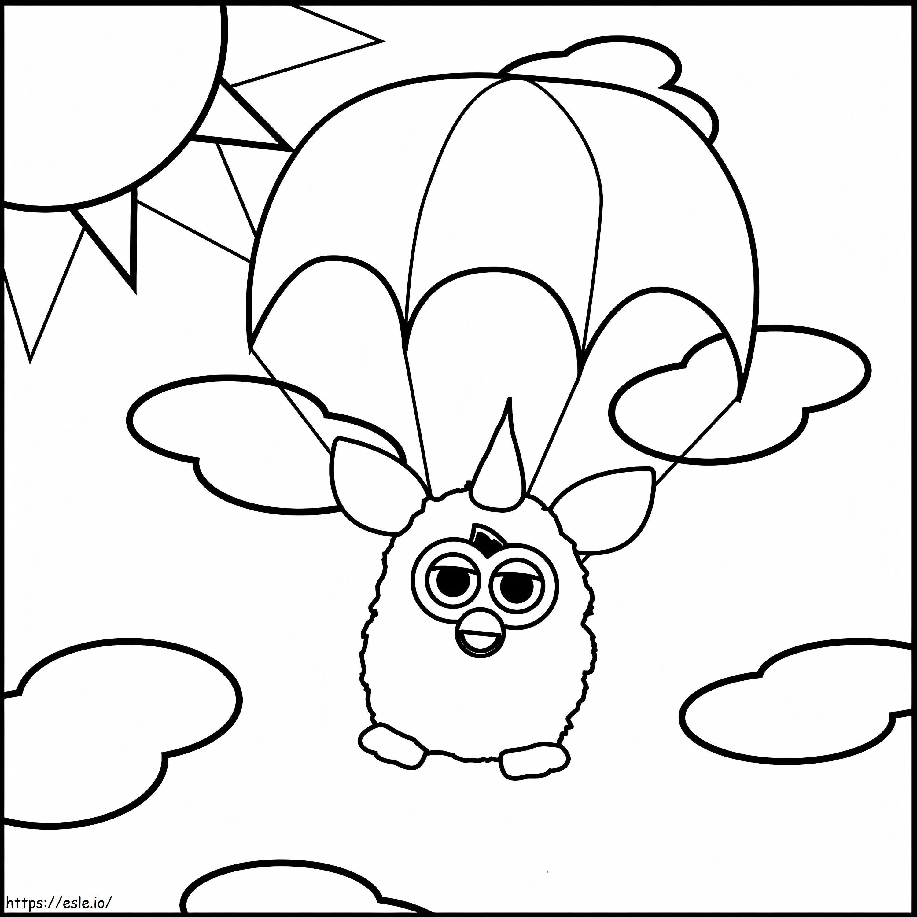 Furby volando en paracaídas para colorear