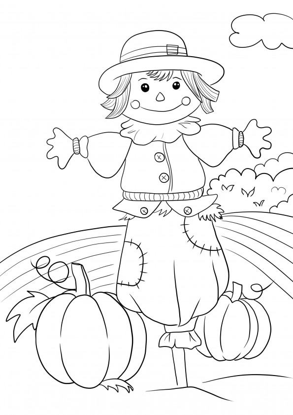 Autumn scene and scarecrow coloring and printing image for kids for free