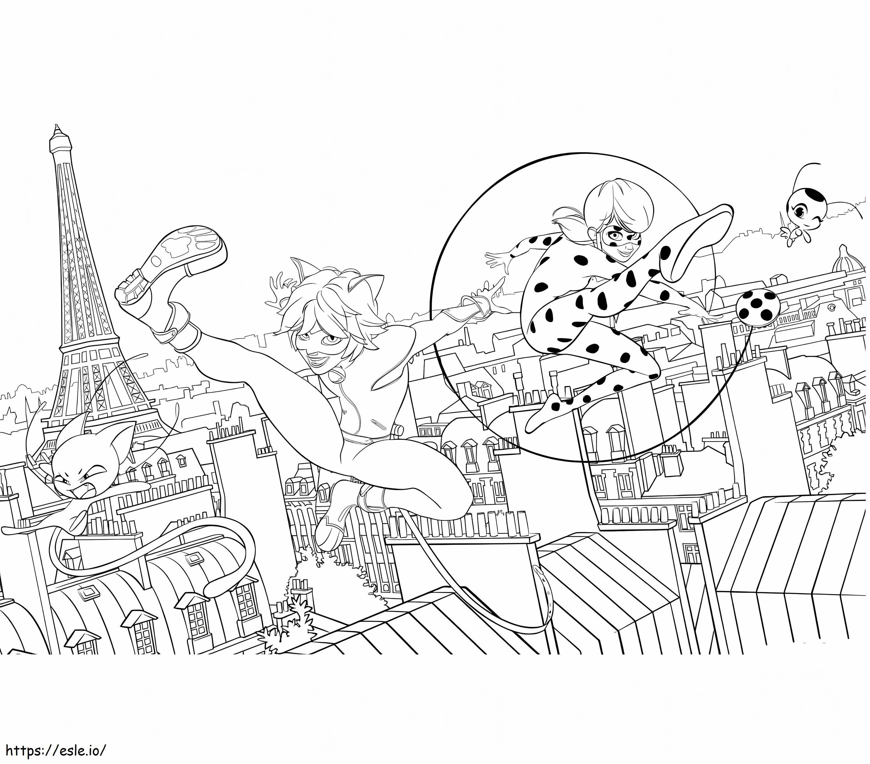 Coloriage Coccinelle et Chat Noir à Paris à imprimer dessin