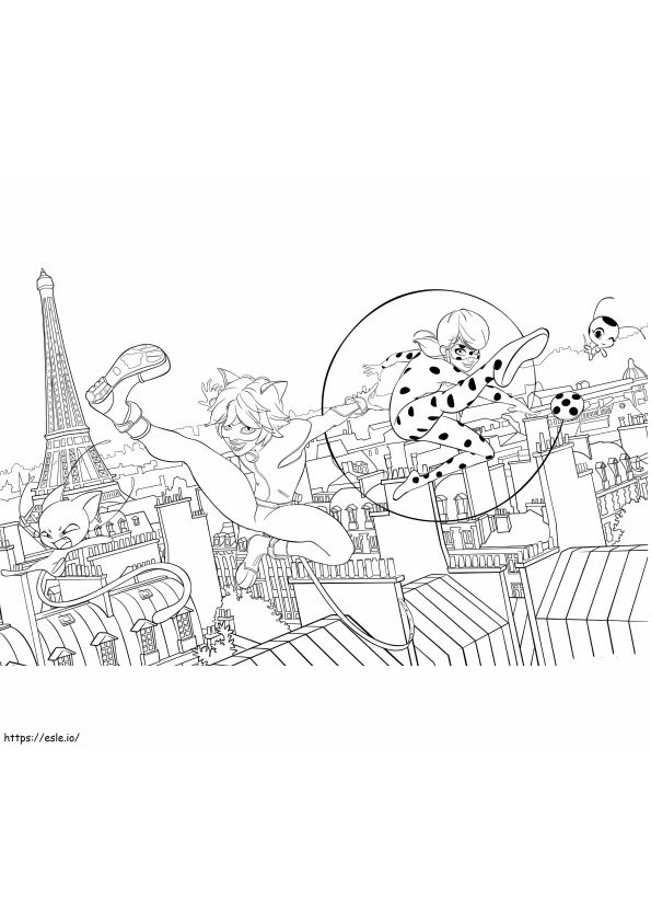 Lieveheersbeestje En Kat Noir In Parijs kleurplaat