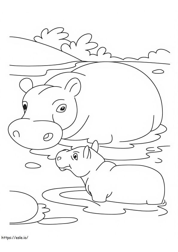 Mãe hipopótamo fofa e bebê hipopótamo para colorir
