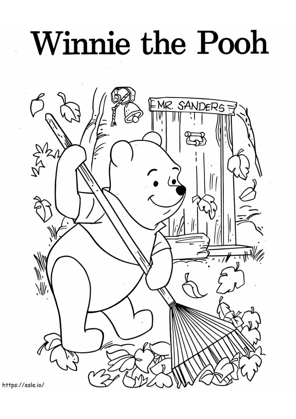 Coloriage Winnie l'ourson balaie les feuilles à imprimer dessin