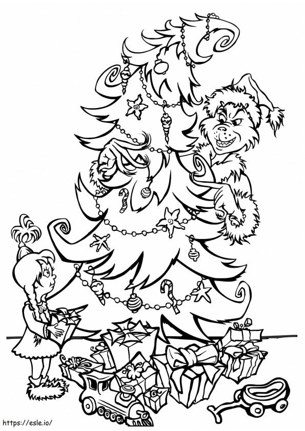 Grinch decora a árvore de Natal para colorir