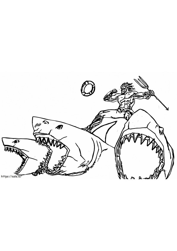 3匹のサメに乗るアクアマン ぬりえ - 塗り絵