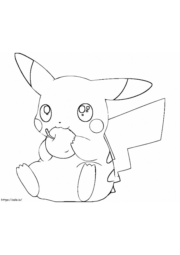 Coloriage Pikachu assis et mangeant une pomme à imprimer dessin