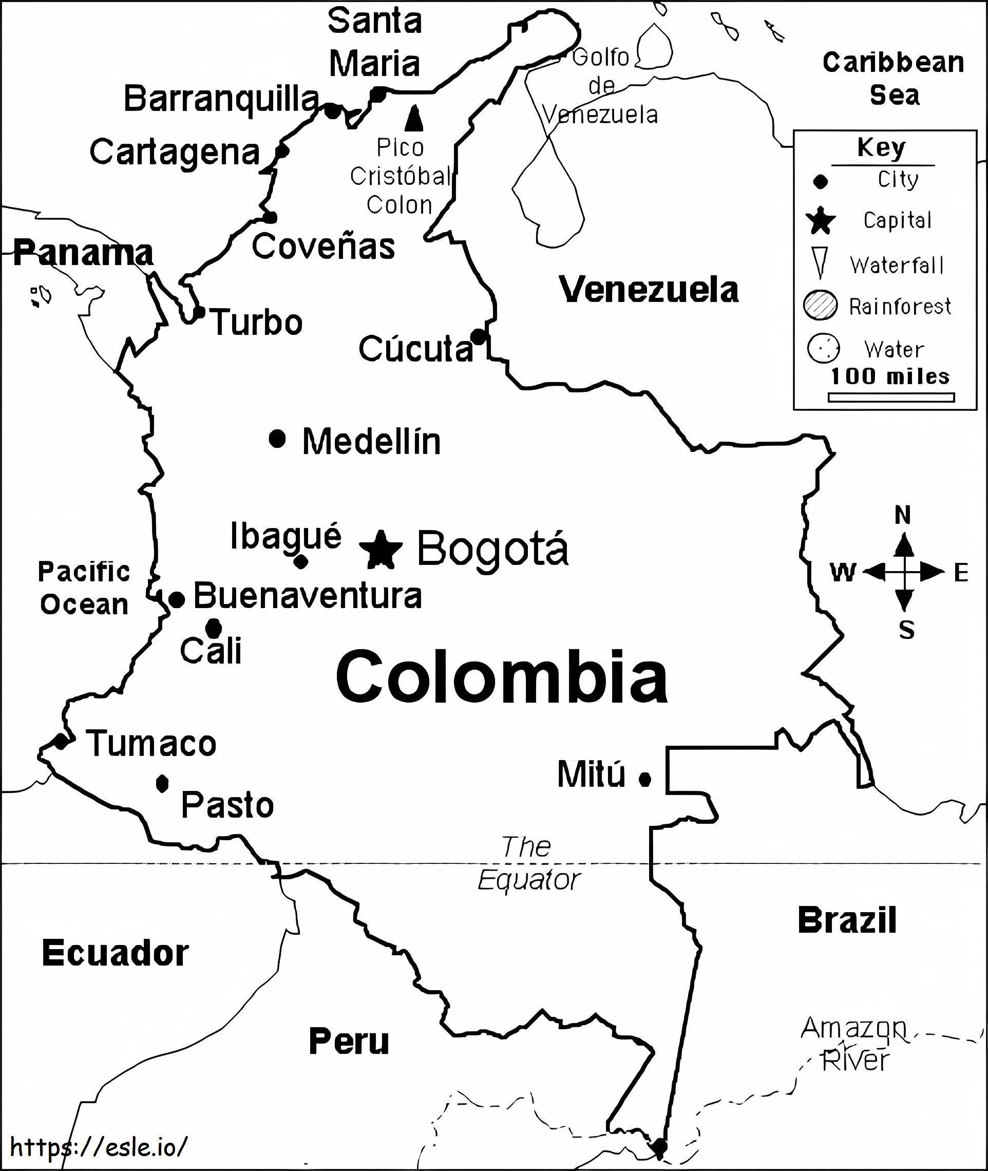Mapa da Colômbia para colorir