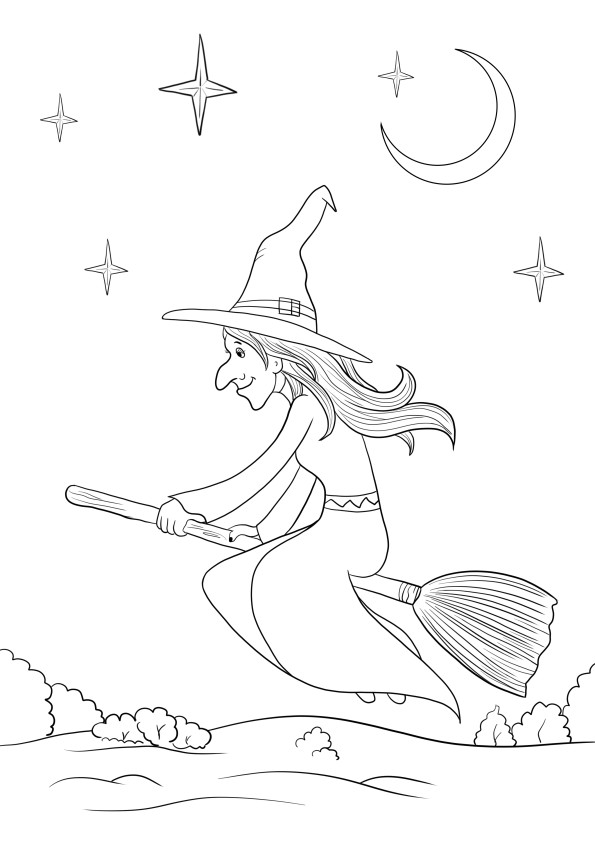 Witch riding a broomstick for coloring and printing for free