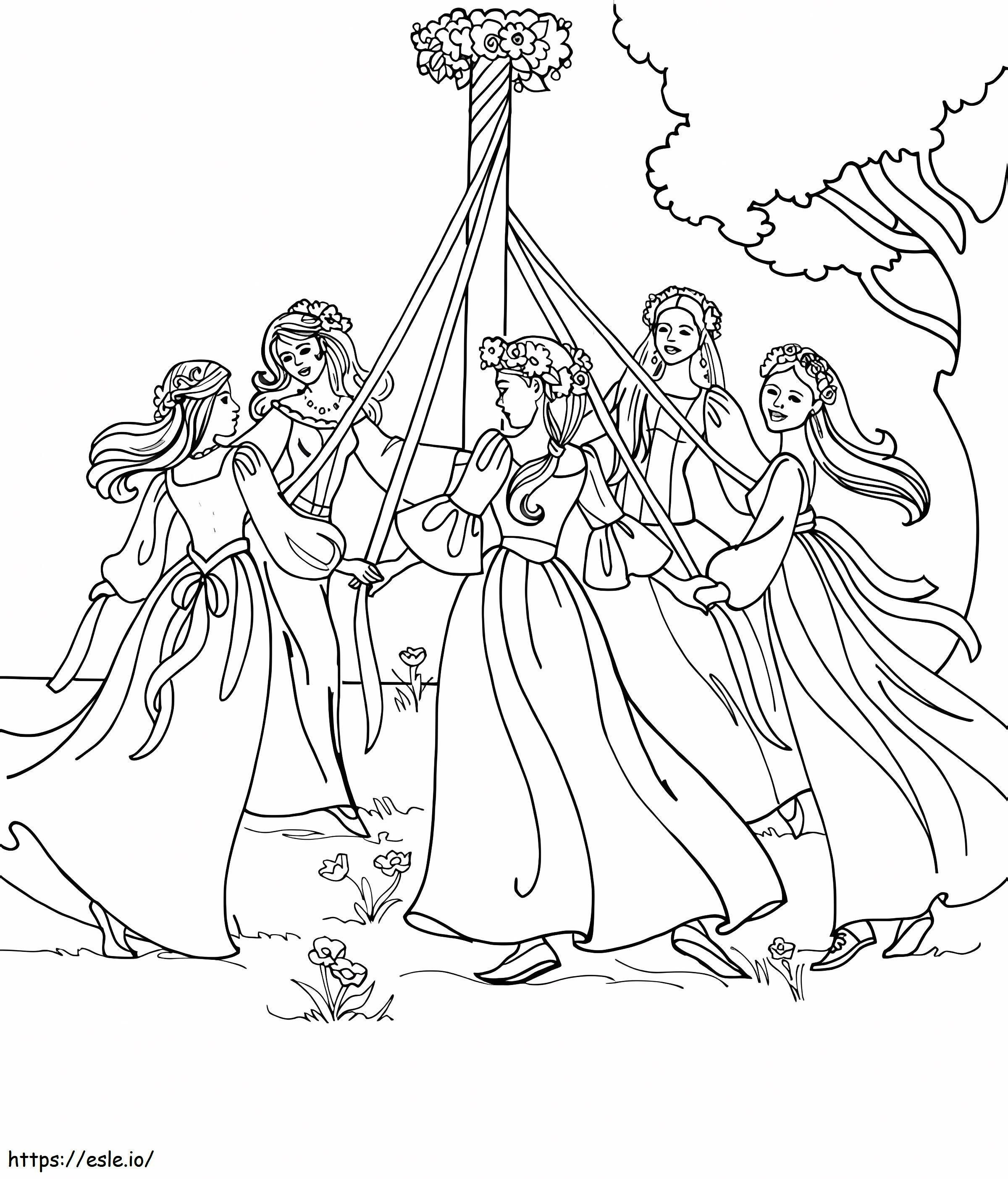 Girls On May Day coloring page