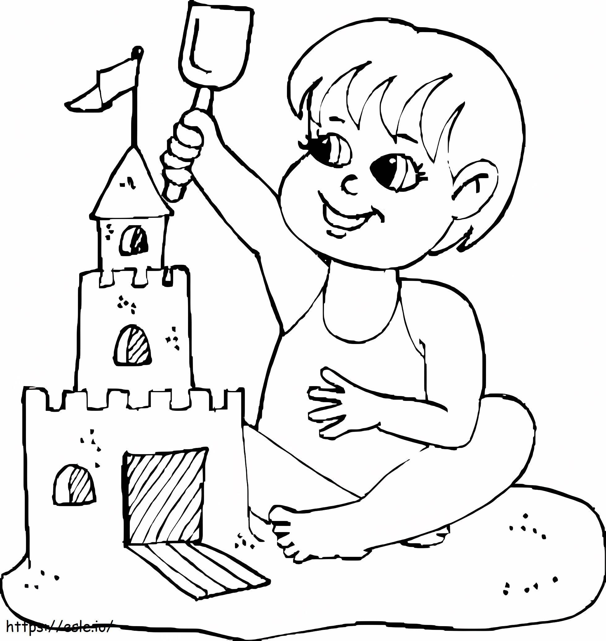 Uma criança e um castelo de areia para colorir