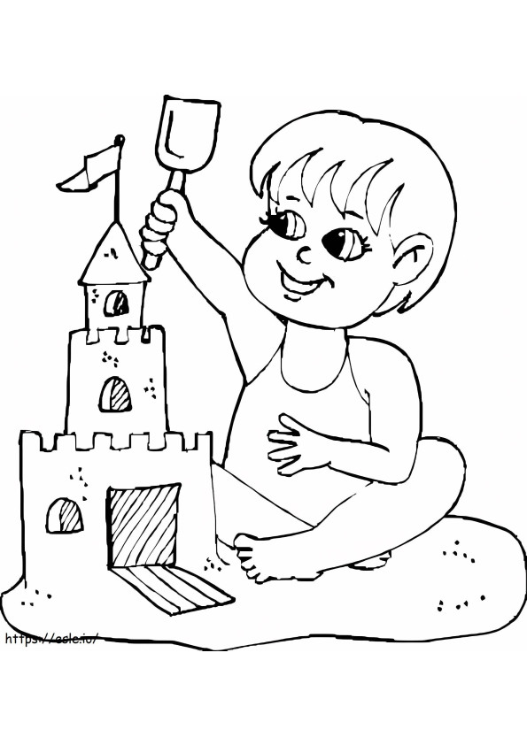 Un bambino e un castello di sabbia da colorare