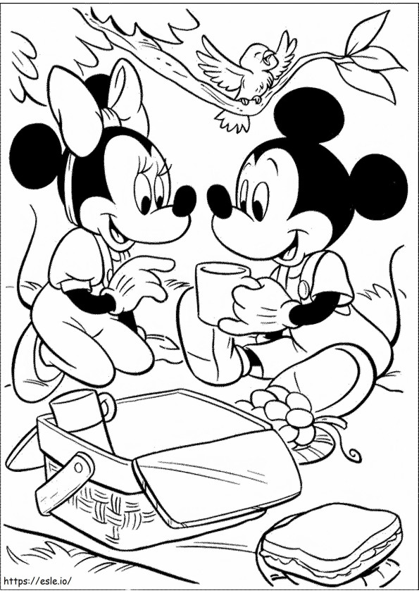 Coloriage Linda Minnie Mouse et Mickey Mouse en pique-nique à imprimer dessin