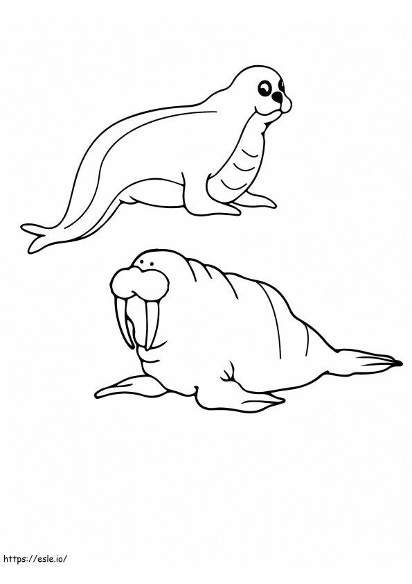 Mursu ja merileijona arktiset eläimet värityskuva