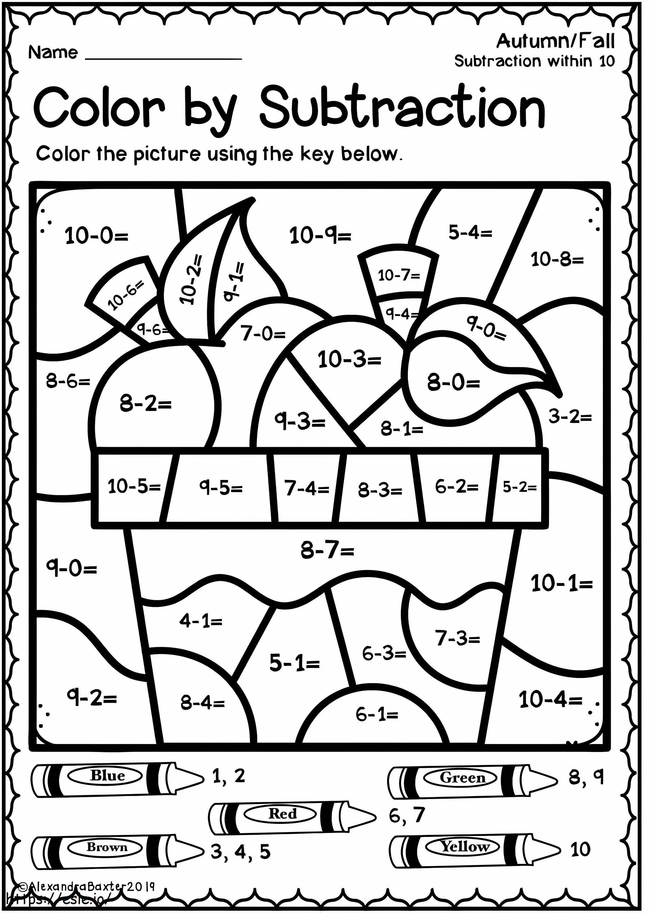 Cor de subtração grátis por número para colorir