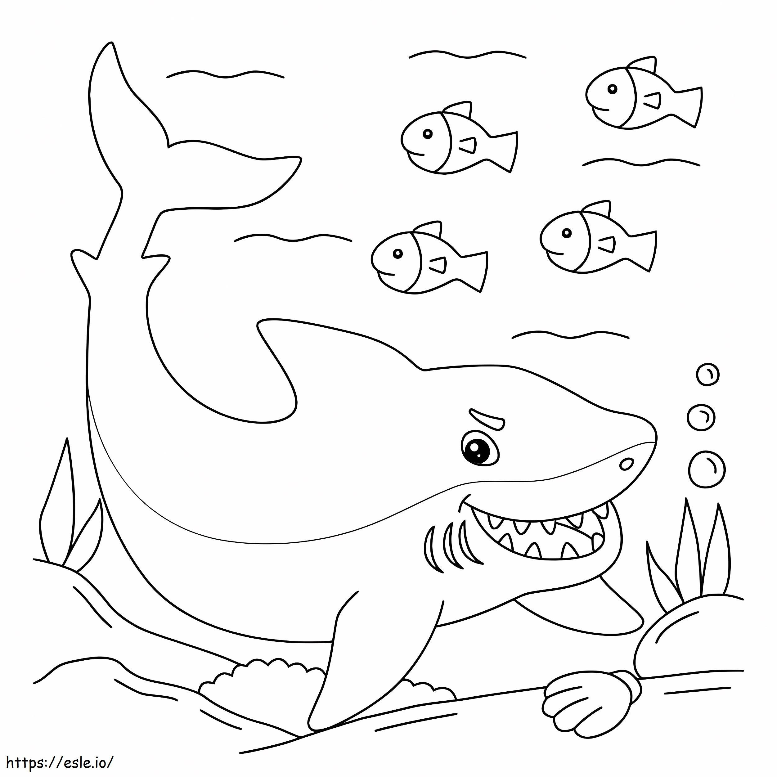 Tiburón divertido con cuatro peces para colorear
