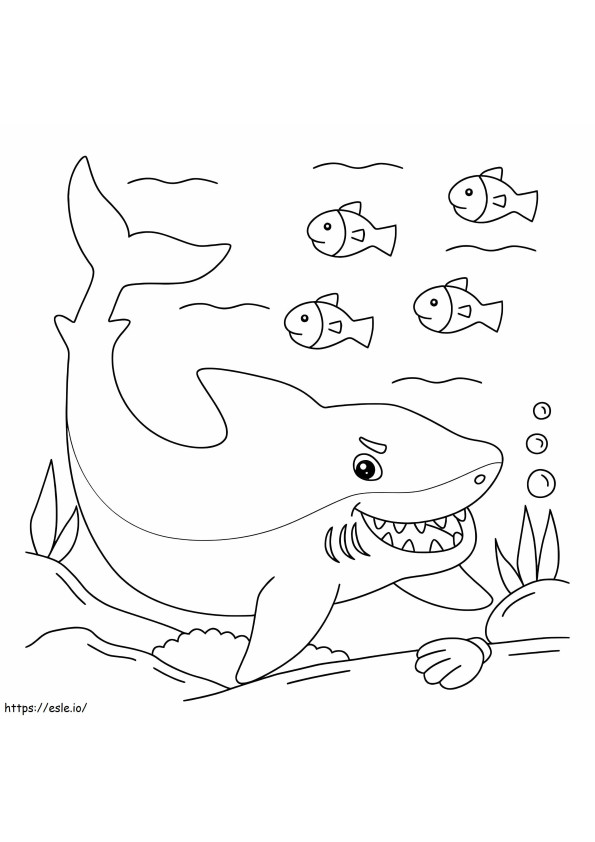 Tiburón divertido con cuatro peces para colorear