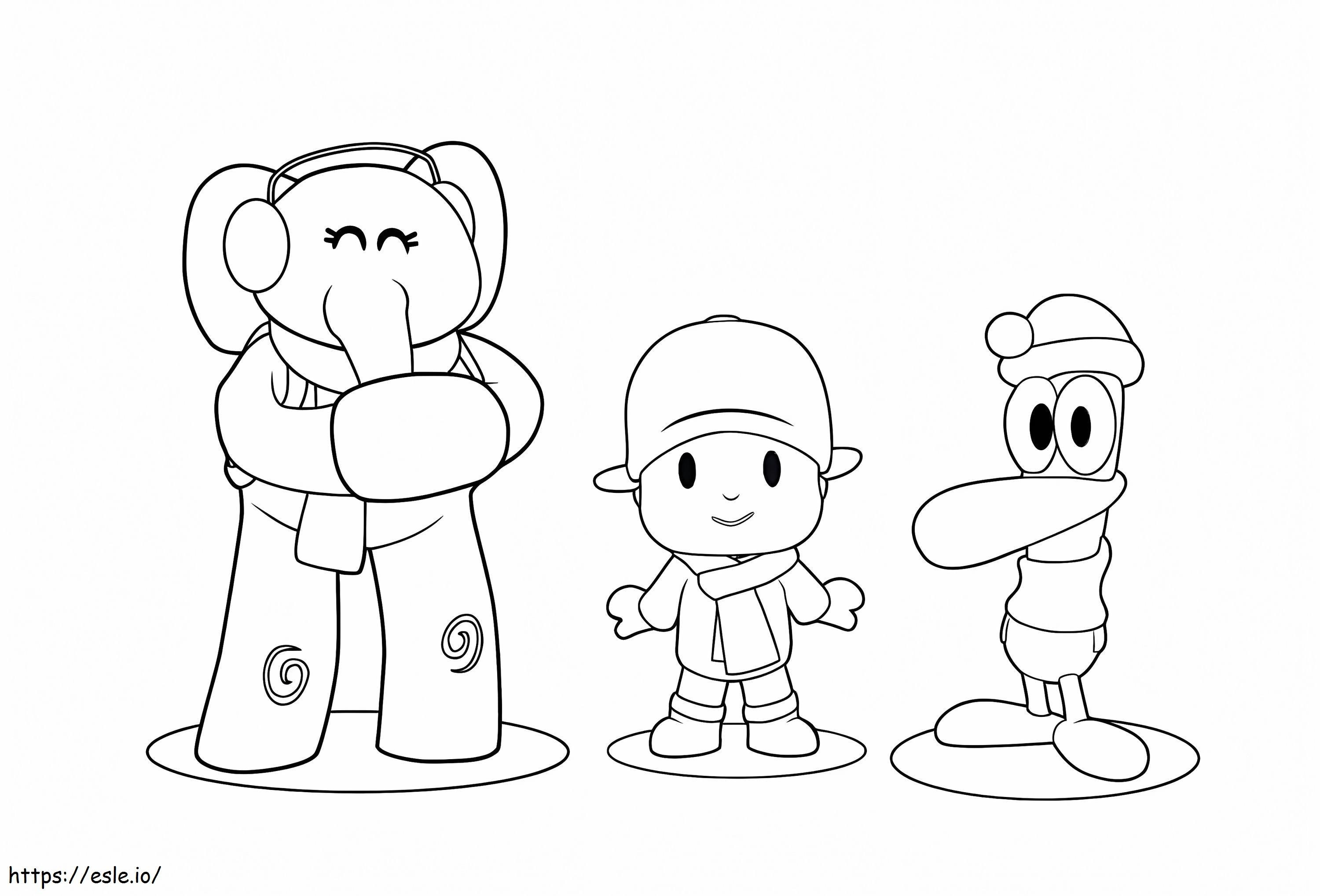 Coloriage Pocoyo et ses amis en hiver à imprimer dessin