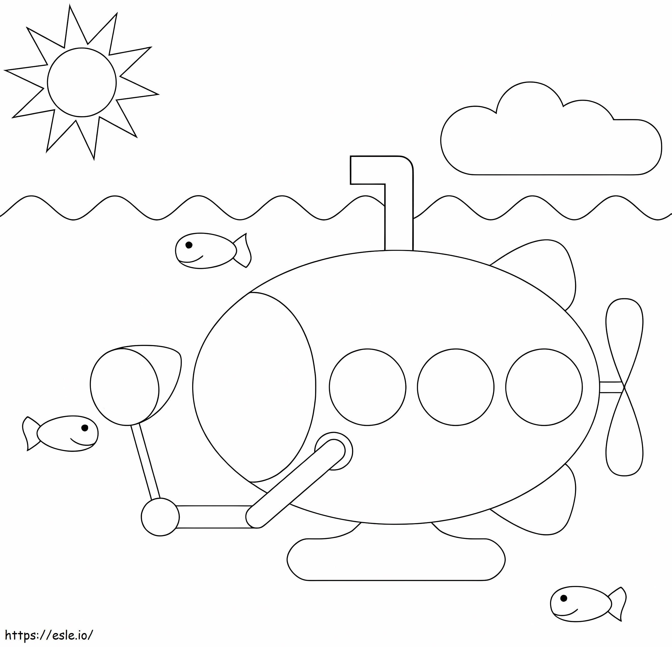 子供向けの簡単な潜水艦 ぬりえ - 塗り絵
