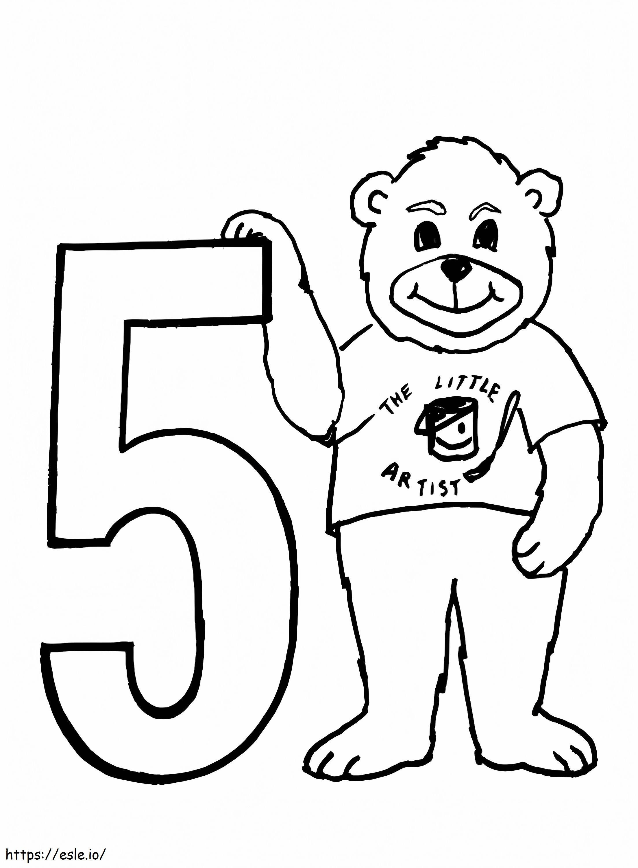 Urso e número 5 para colorir