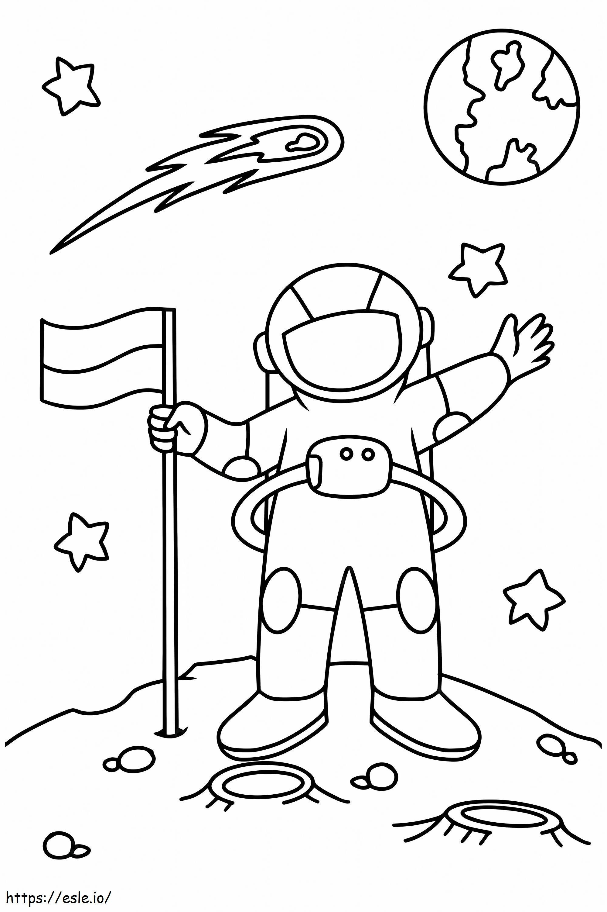 Coloriage Astronaute avec drapeau sur la planète à imprimer dessin