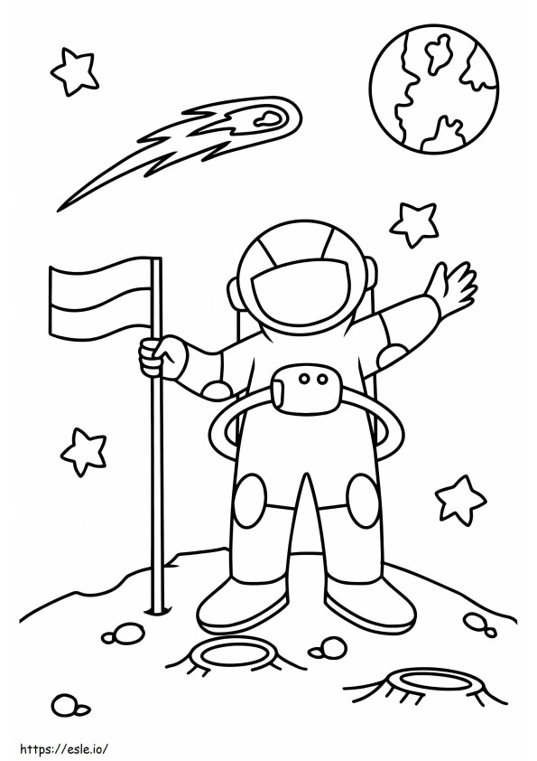 Astronautti lipun kanssa planeetalla värityskuva