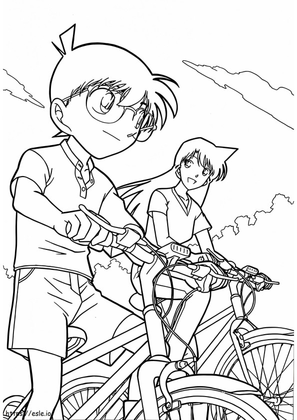 Conan ajaa polkupyörällä Ranin kanssa värityskuva