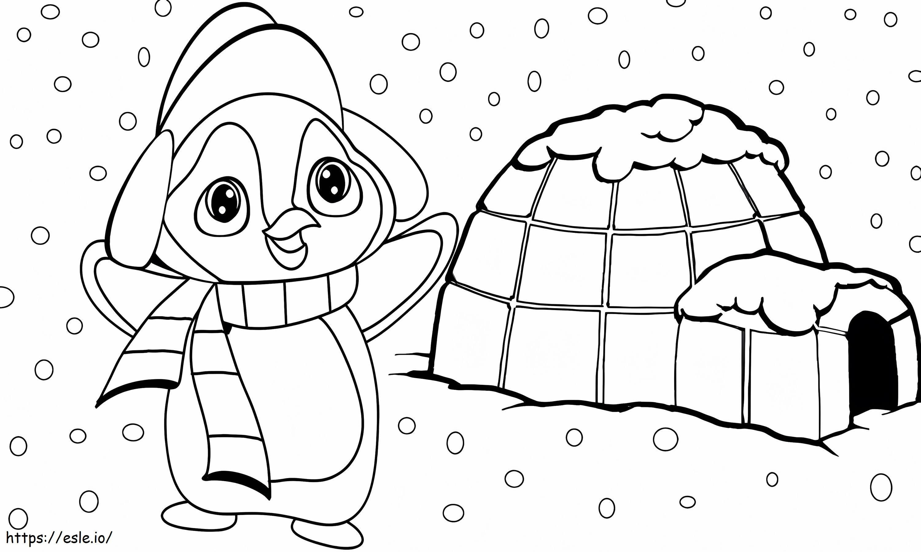 Pinguim e iglu de desenho animado para colorir