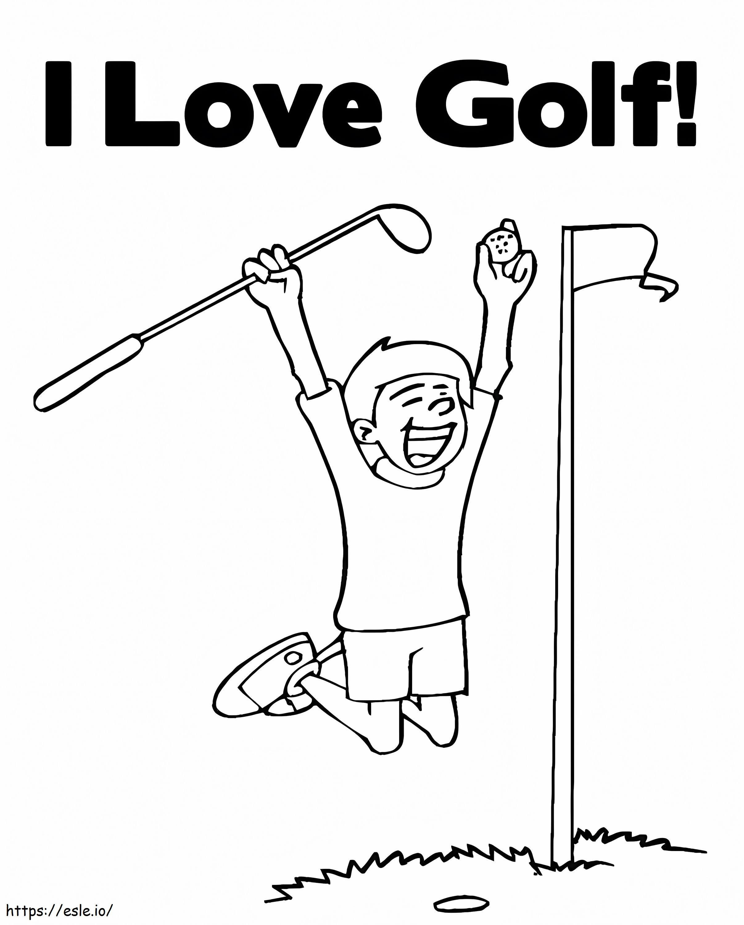 Onnellinen poika pelaamassa golfia värityskuva