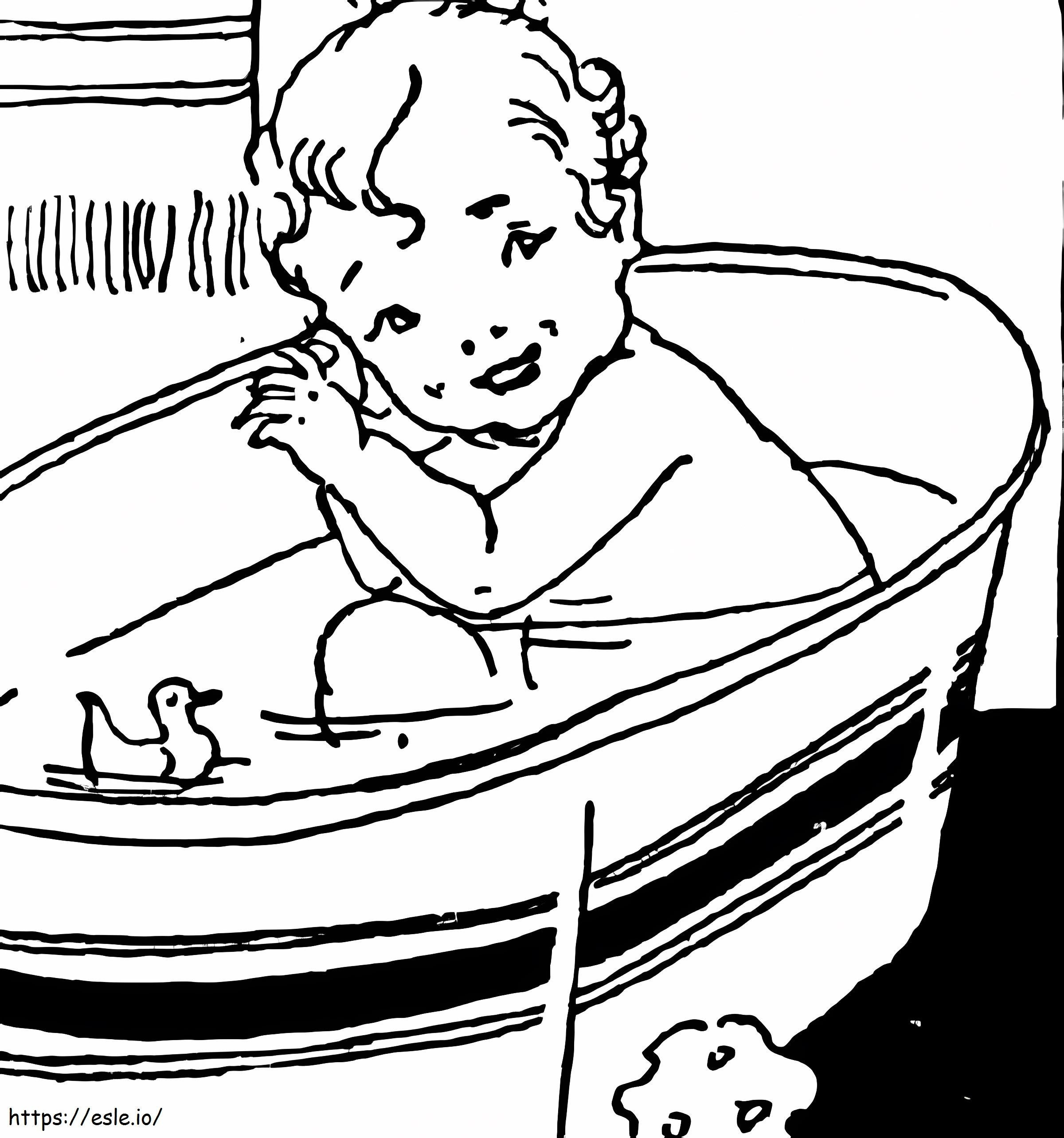Coloriage Bébé dans le bain avec canard en caoutchouc à imprimer dessin