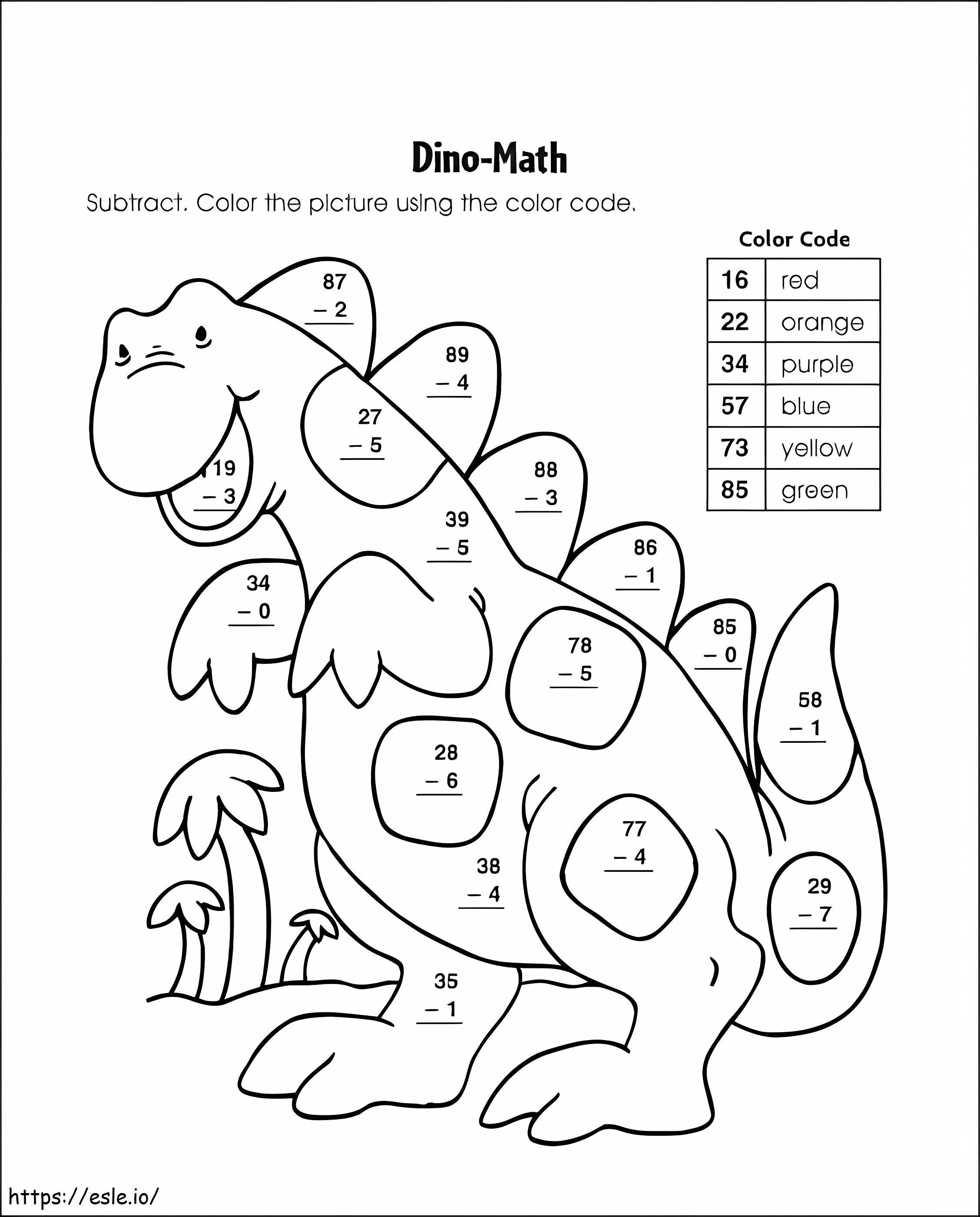 Cor de subtração de dinossauro por número para colorir
