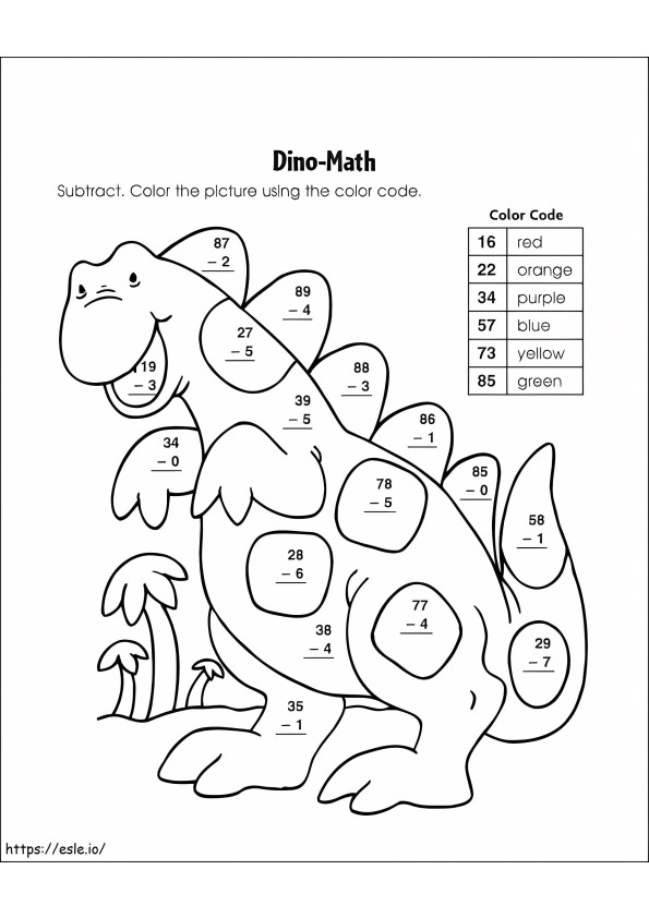 Cor de subtração de dinossauro por número para colorir
