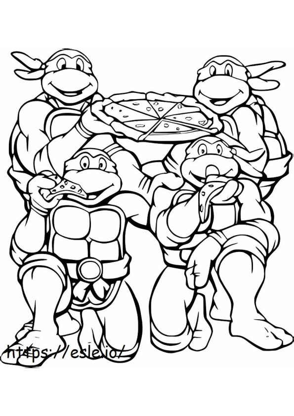Coloriage Tortues Ninja mangeant de la pizza à imprimer dessin