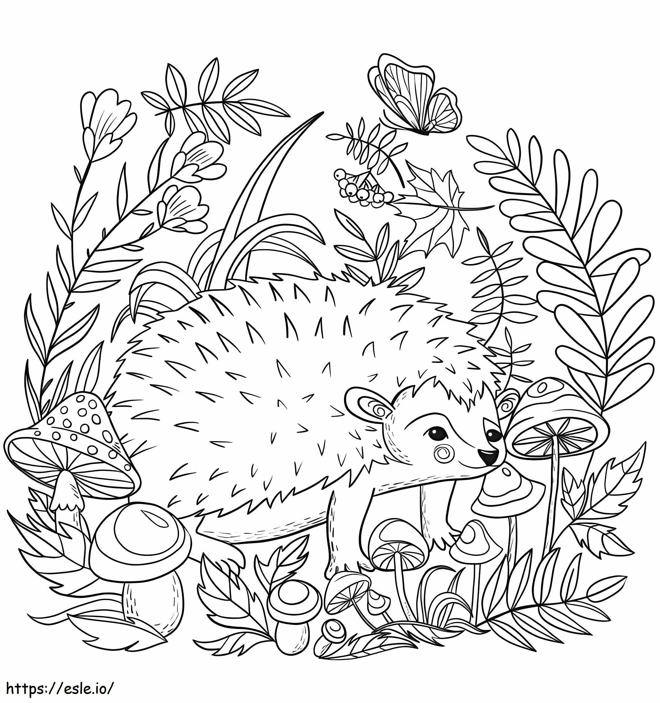 Coloriage Hérisson mignon avec des feuilles et des fleurs à imprimer dessin