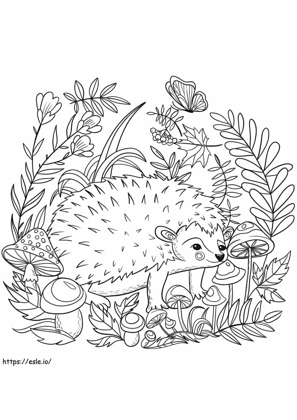 Coloriage Hérisson mignon avec des feuilles et des fleurs à imprimer dessin