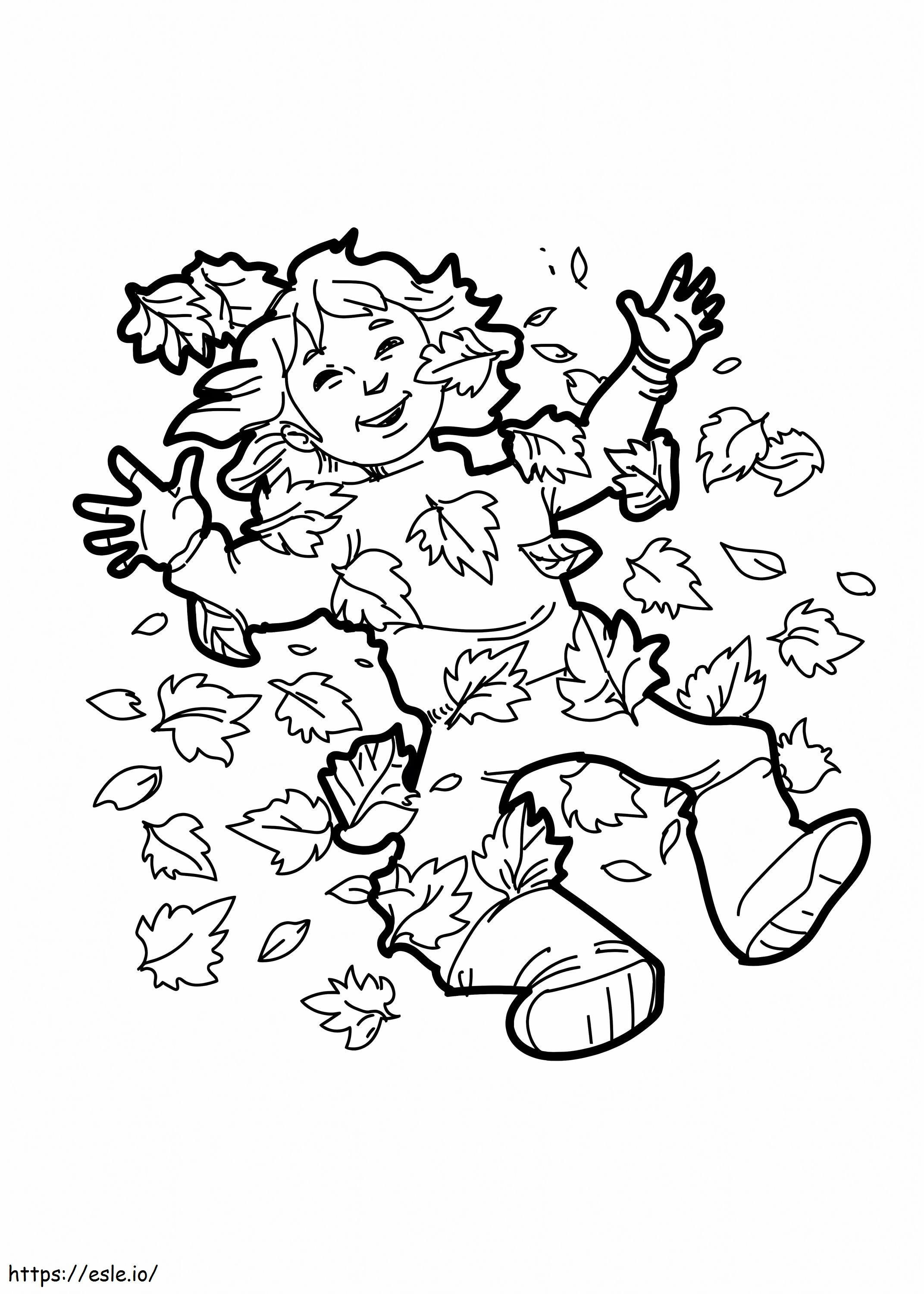 menina com folhas no outono para colorir