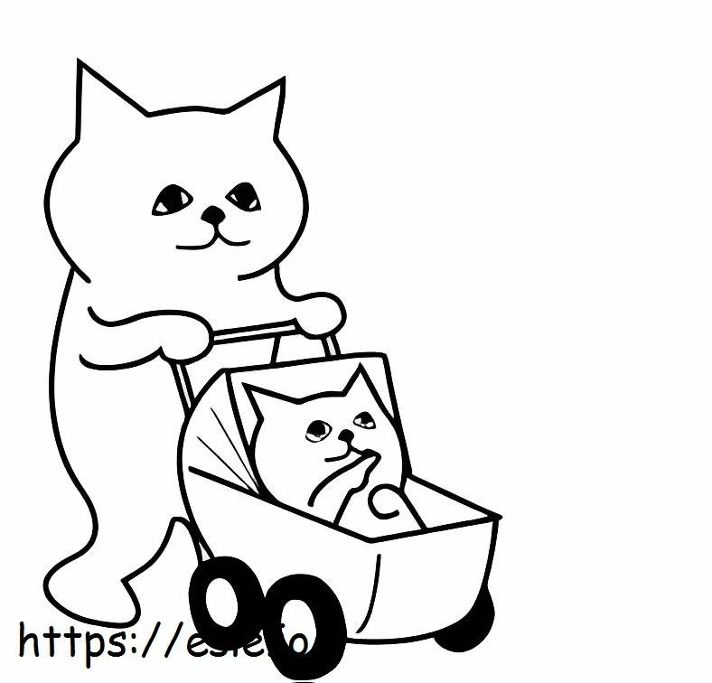 Kissaäiti ja kissanpentu rattaissa värityskuva