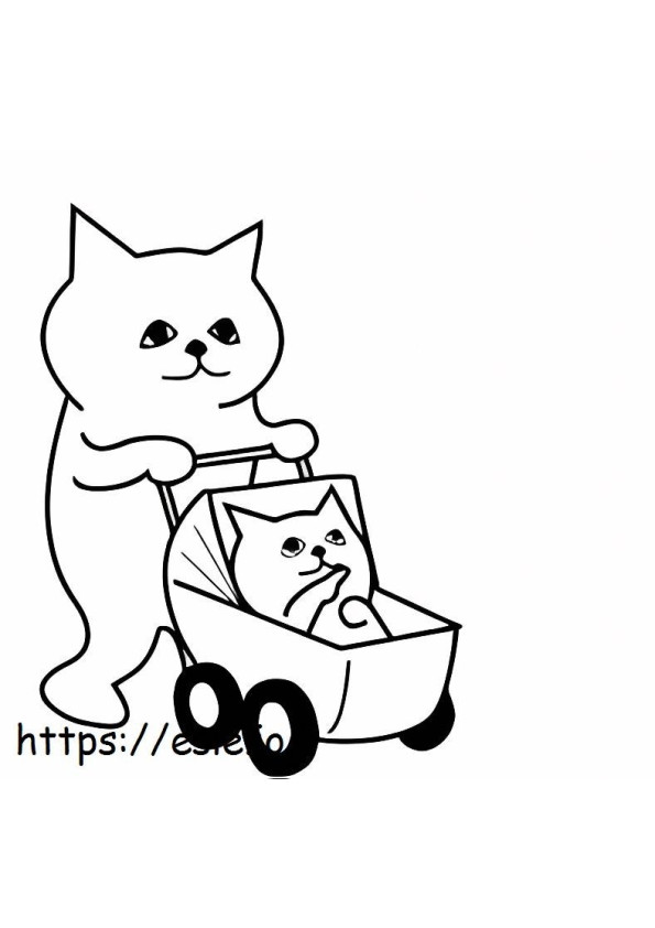 Kissaäiti ja kissanpentu rattaissa värityskuva