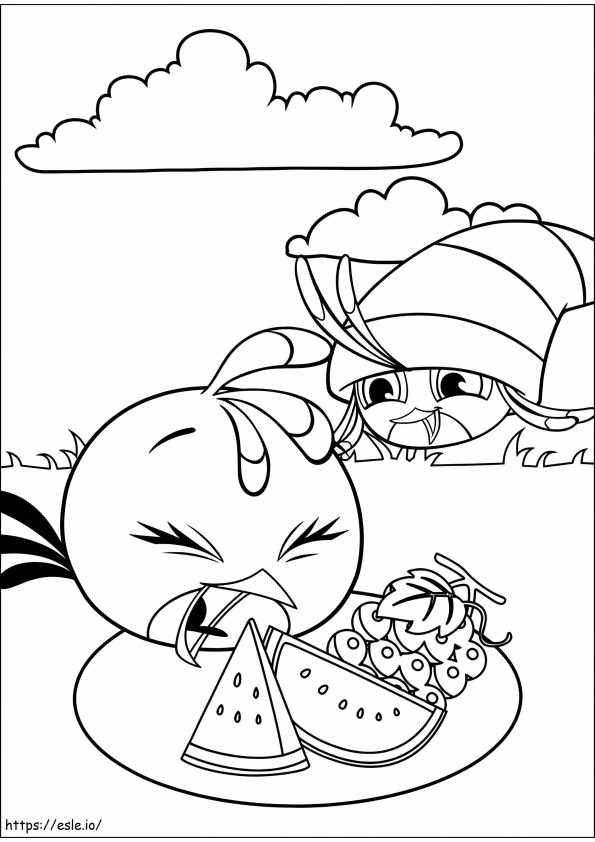 Coloriage Angry Birds Stella mangeant de la pastèque à imprimer dessin