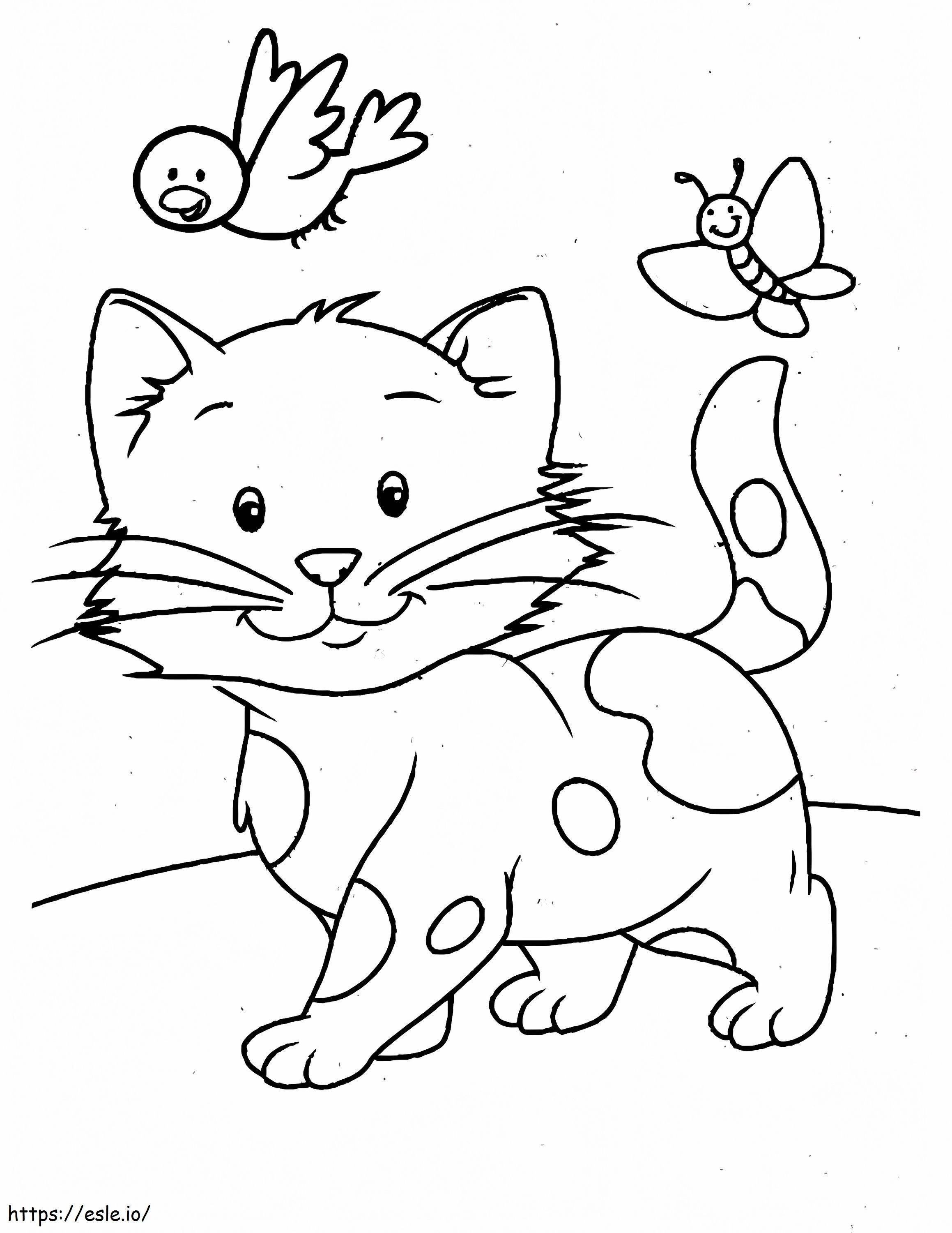 Cat With Bird And Butterfly coloring page