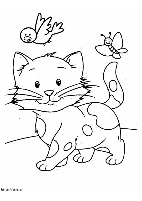 Cat With Bird And Butterfly coloring page