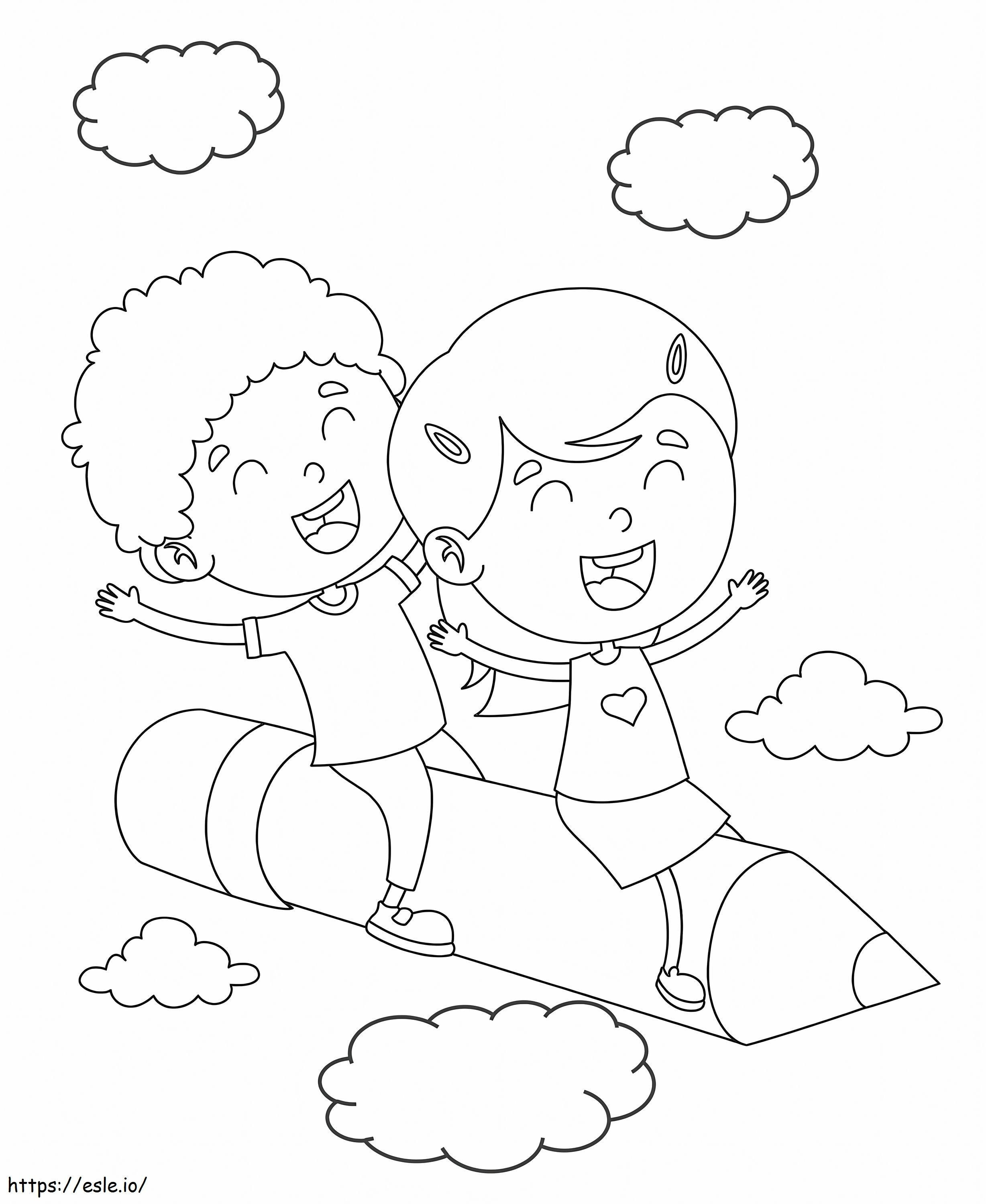 Dwoje dzieci jadących ołówkiem kolorowanka