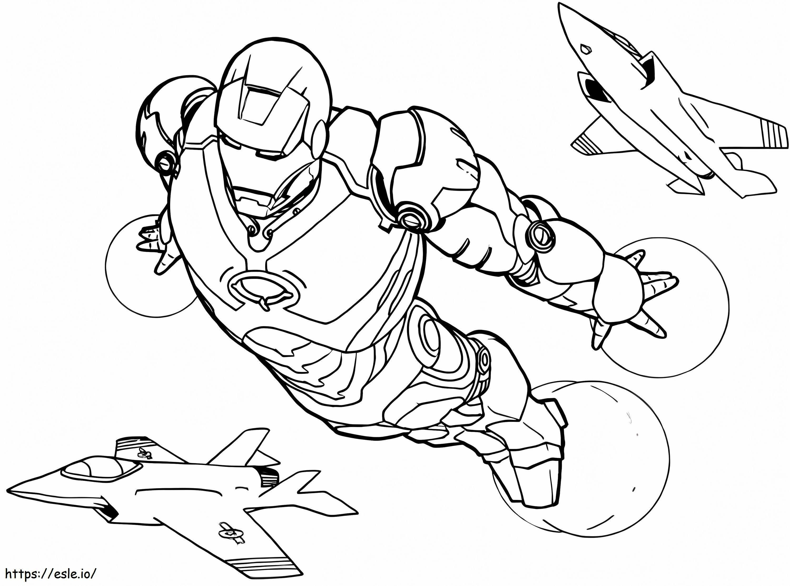 Coloriage Ironman volant avec deux avions à réaction à imprimer dessin
