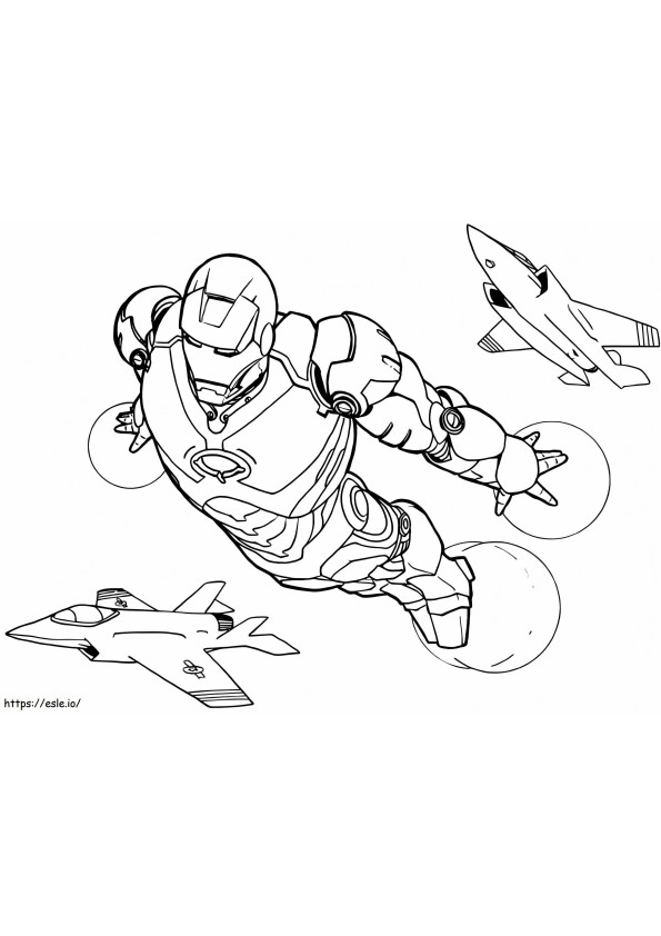 Coloriage Ironman volant avec deux avions à réaction à imprimer dessin