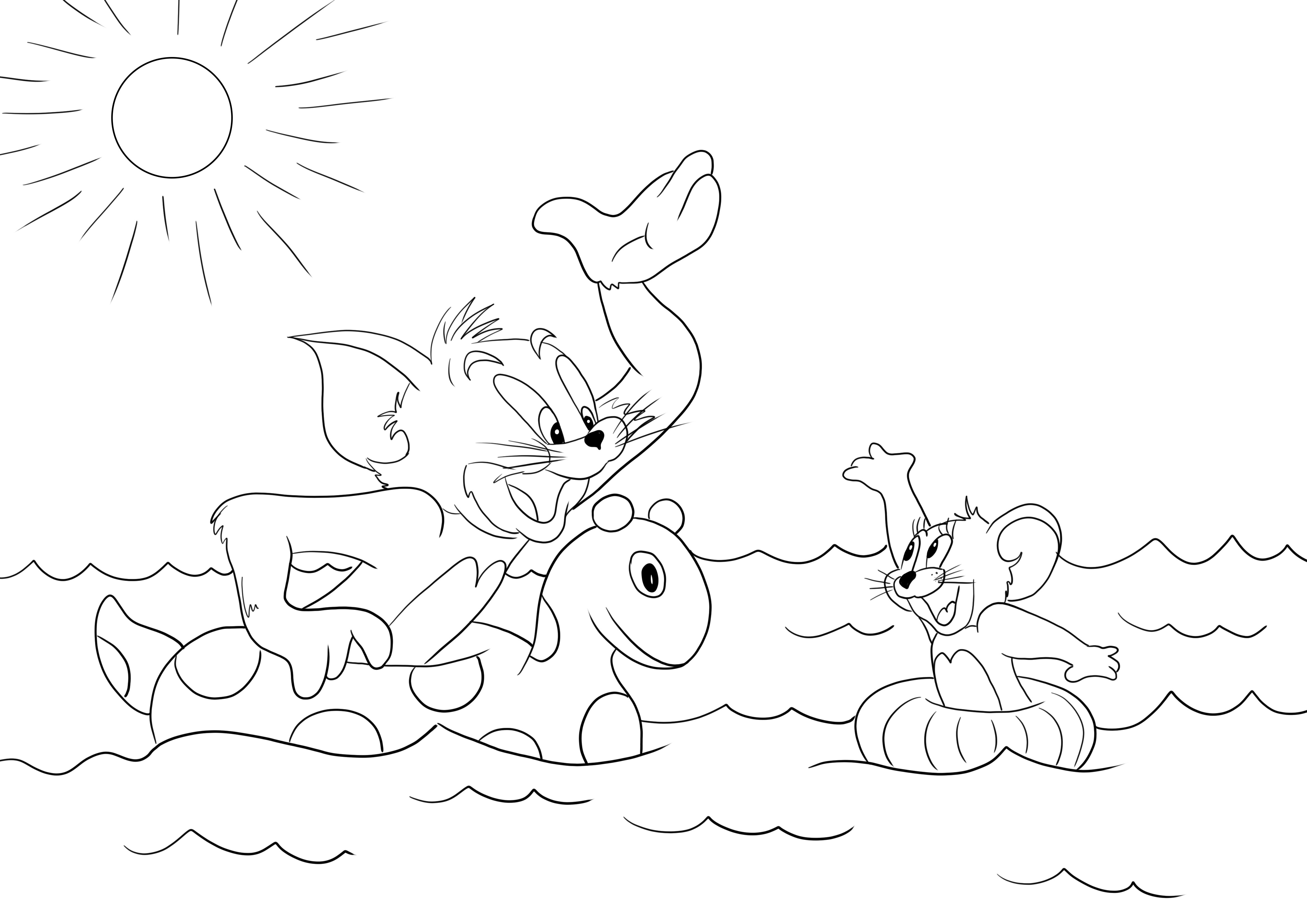 Tom ve Jerry çocuklar için ücretsiz boyama ve baskı resmi yüzüyor