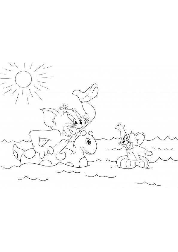Coloriage et impression gratuits de Tom et Jerry nageant pour les enfants
