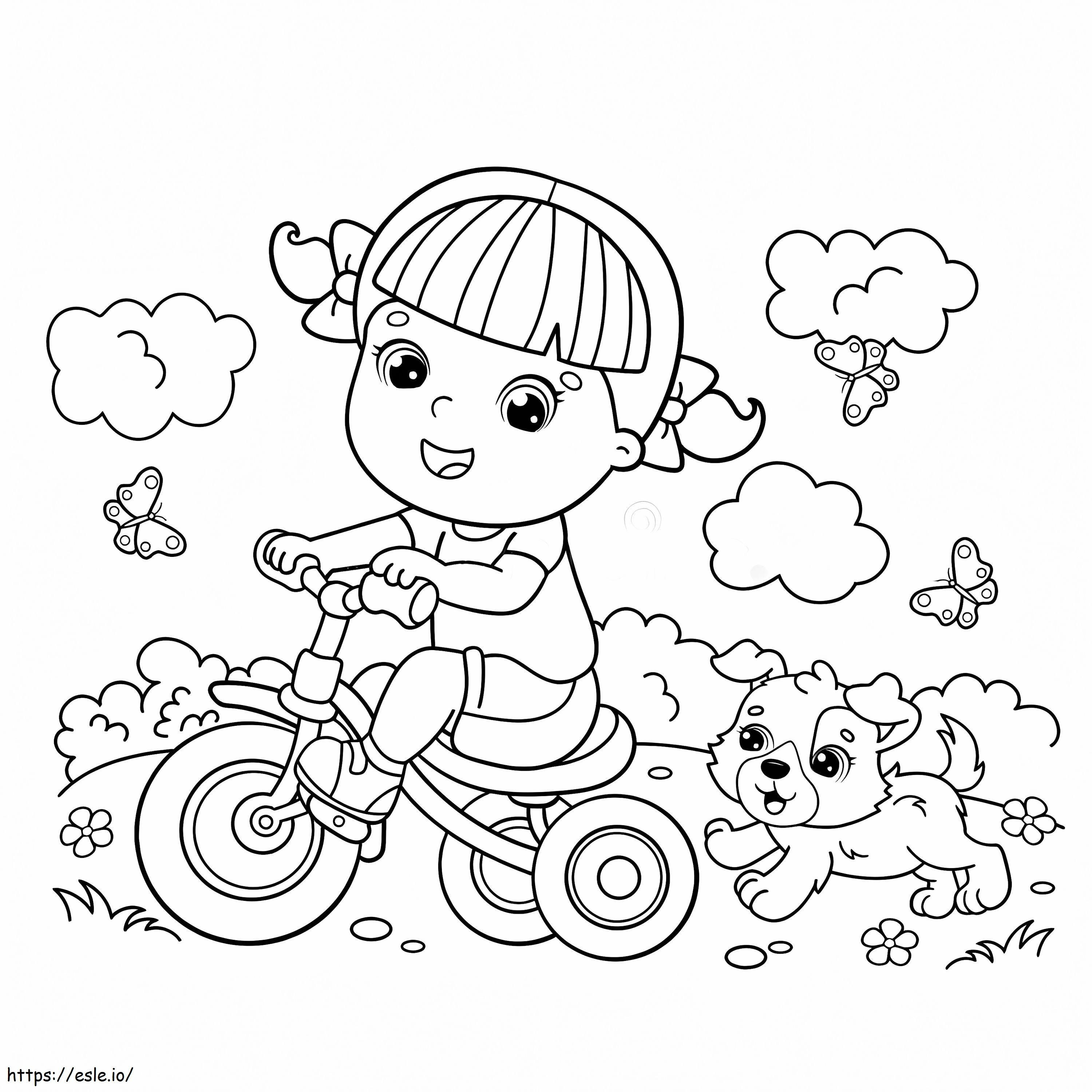 サイクリング少女と犬 ぬりえ - 塗り絵