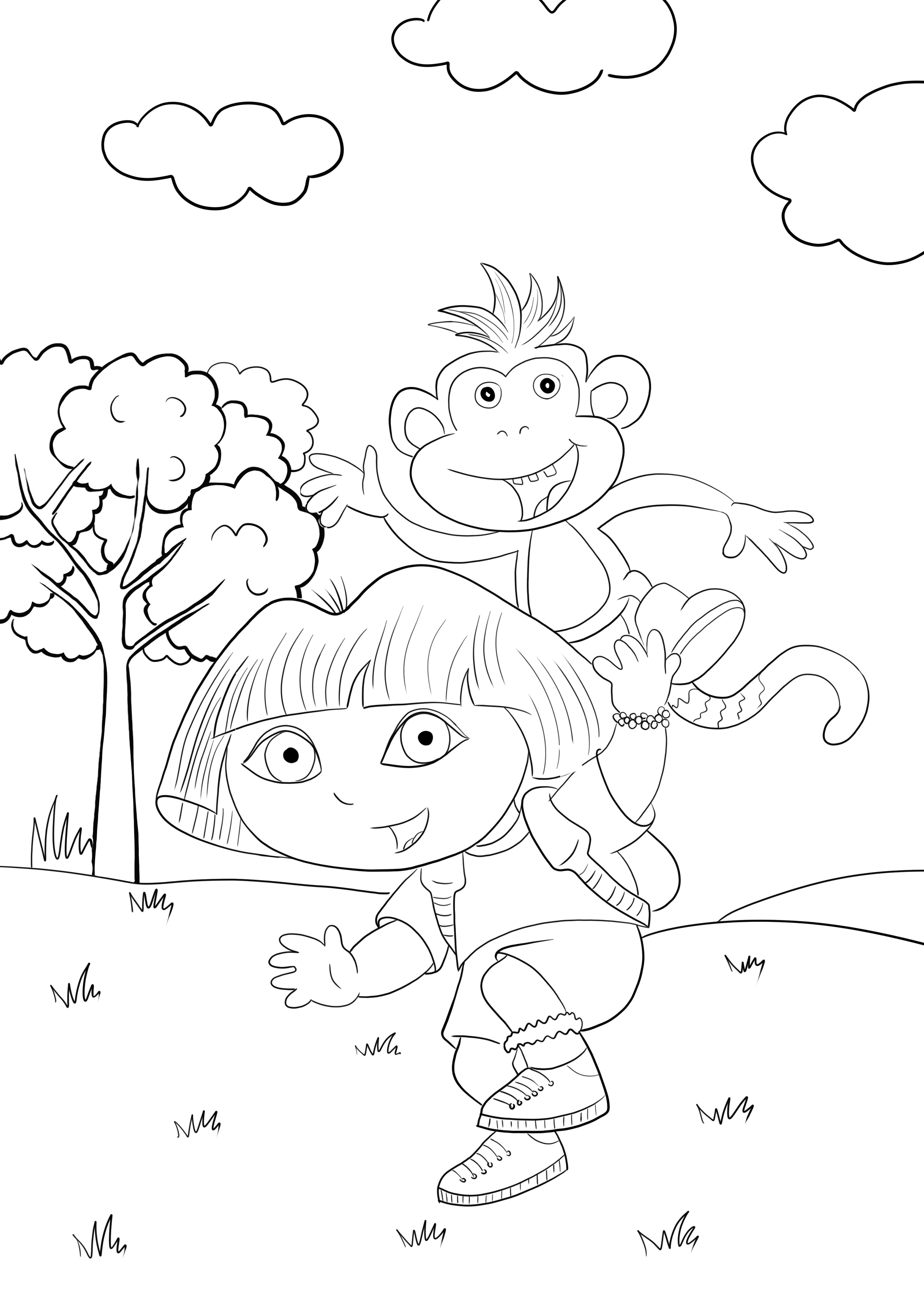 Dora en Benny de aap gratis print- en kleurafbeelding kleurplaat